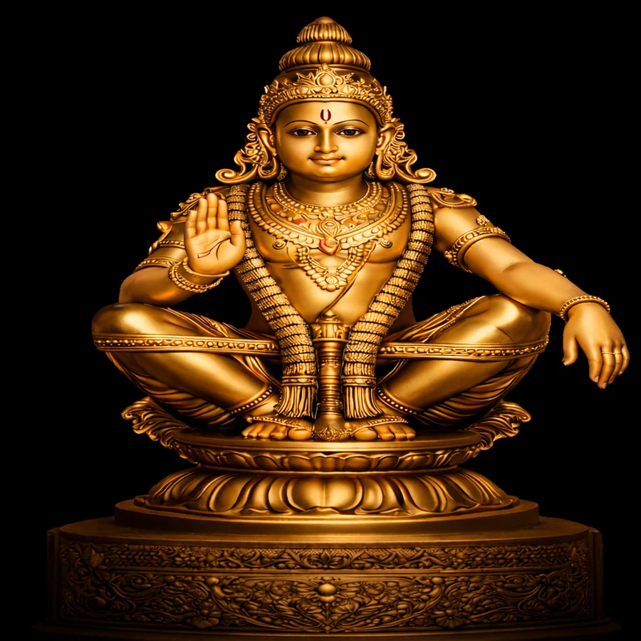 Golden devotional artwork depicting Lord Ayyappa